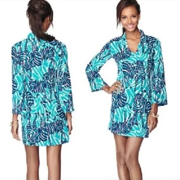 Women's 2 Lilly Pulitzer Devina Tunic Zebra Dress Teal White Funky Print - Picture 1 of 11